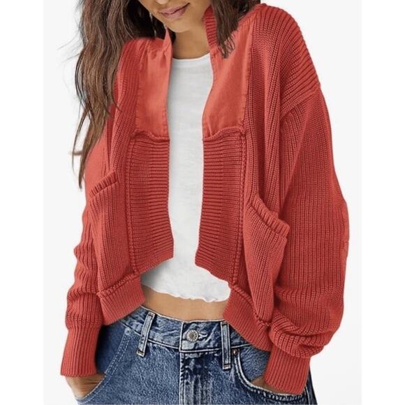 Free People Sweaters - NWOT Free People Worn Thru Dark Coral Surplus Cardi Cropped Slouchy Cotton Sz XS